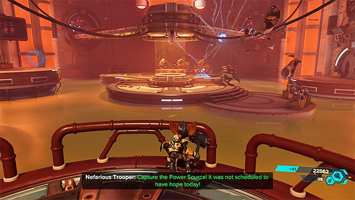 The freed Juice will start fighting the Nefarious's machines, and you don't need to join them - Ratchet & Clank Rift Apart: Freeing Juice and creating the Dimensionator - walkthrough - Cordelion - Ratchet & Clank Rift Apart Guide