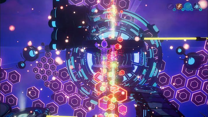 Run through the green area to speed up, and then through the red area to catapult Clank to another high ledge shown in the picture - Ratchet & Clank Rift Apart: Reaching the anomalies in the catacombs - walkthrough - Savali - return - Ratchet & Clank Rift Apart Guide