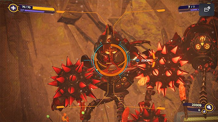 When using the sniper rifle, use the scope by holding down L2 and press the right analog stick (R3) to zoom in - Ratchet & Clank Rift Apart: Trophies - List - Appendix - Ratchet & Clank Rift Apart Guide