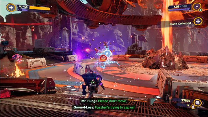 Don't ignore other enemies present in the area, as they can not only clearly interfere with weakening the boss, but also hit Rivet and deprive her of health points - Ratchet & Clank Rift Apart: Obtaining the Phase Quartz and Escape - Blizar Prime - Ratchet & Clank Rift Apart Guide