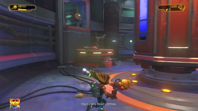 Try not to fall into the hole in the floor while fighting the enemy. - Ratchet & Clank: Planet Novalis - Walkthrough - Walkthrough - Ratchet and Clank Game Guide & Walkthrough