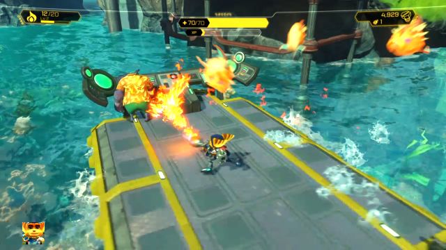 While on the raft you must eliminate the fish that try to attack you. - Ratchet & Clank: Planet Pokitaru - Walkthrough - Walkthrough - Ratchet and Clank Game Guide & Walkthrough