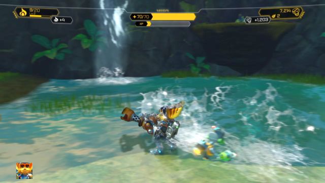 Raritarium deposit is located on an elevated shelf, to the right of a small waterfall. - Ratchet & Clank: Planet Pokitaru - Walkthrough - Walkthrough - Ratchet and Clank Game Guide & Walkthrough