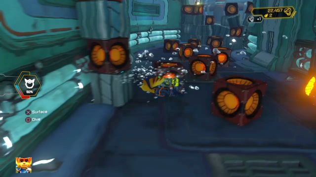 Cause a chain reaction which will clear the water of any exploding boxes. - Ratchet & Clank: Planet Pokitaru - Walkthrough - Walkthrough - Ratchet and Clank Game Guide & Walkthrough