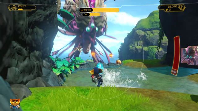 After eliminating the enemy a Gold Bolt will appear on the edge. - Ratchet & Clank: Planet Pokitaru - Walkthrough - Walkthrough - Ratchet and Clank Game Guide & Walkthrough