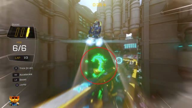 A tunnel marked with the red circle where the bolt can be found. - Ratchet & Clank: Gold Bolts - list - Collectibles - Ratchet and Clank Game Guide & Walkthrough