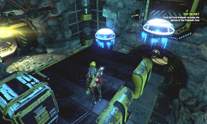 The path to a hidden chest leads through the platforms with barriers. - Mission 7: Top Secret | Walkthrough - Walkthrough - ReCore Game Guide
