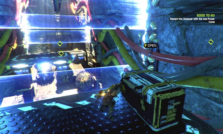 The hovering platforms lead to a hidden chest. - Mission 7: Top Secret | Walkthrough - Walkthrough - ReCore Game Guide