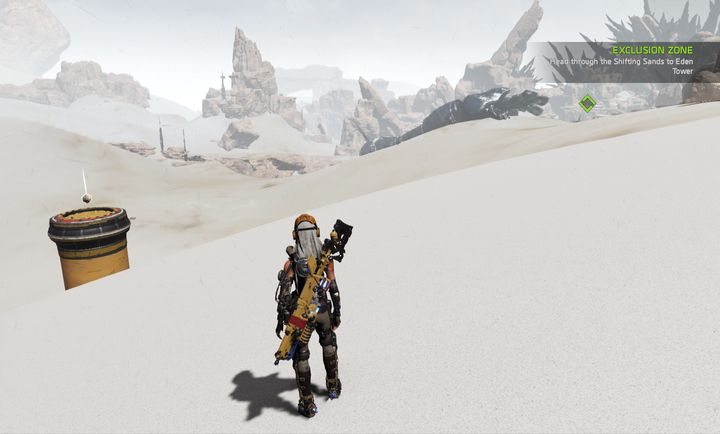 Road to Eden Tower leads through huge, empty desert areas with a large number of hidden enemies. - Mission 8: Exclusion Zone | Walkthrough - Walkthrough - ReCore Game Guide
