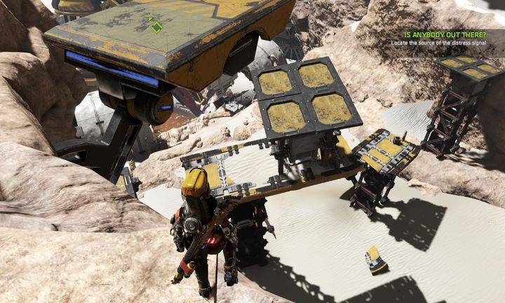 Even if the game deals slight damage from falling, you should descend using the platforms and gather the resources found on them. - Mission 5: Is Anybody Out There? | Walkthrough - Walkthrough - ReCore Game Guide