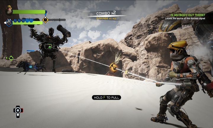 The green AP-3 can start whirling in order to deflect bullets, and create a regenerative shield around him. - Mission 5: Is Anybody Out There? | Walkthrough - Walkthrough - ReCore Game Guide