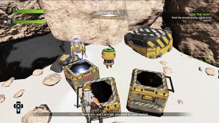 The Power Cellbots hideout is on the left from the gate - between the crates - Mission 1: On the Hunt | Walkthrough - Walkthrough - ReCore Game Guide