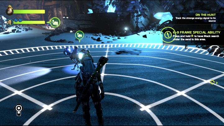 By holding the R button outside of combat, our companion will start to look for targets along the designated area - Mission 1: On the Hunt | Walkthrough - Walkthrough - ReCore Game Guide