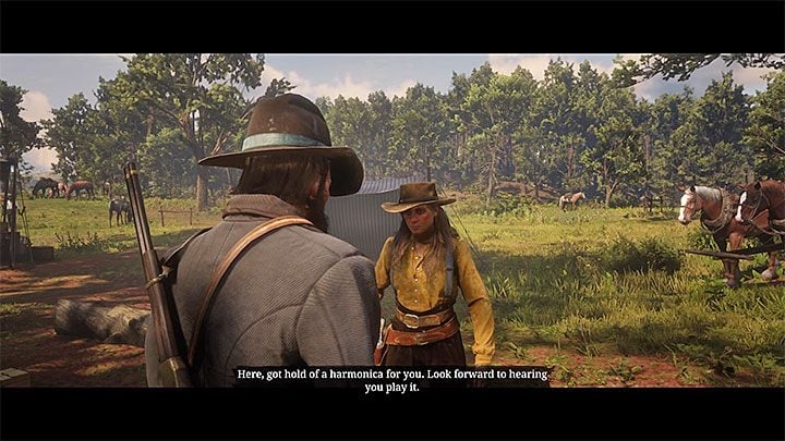 After completing the mission, you can find Sadie in the camp and give her a harmonica - hold down the left trigger and press the donation button - Red Dead Redemption 2: Harmonica - how to get and use? - Red Dead Redemption 2: Exploring the game world - Red Dead Redemption 2 Guide