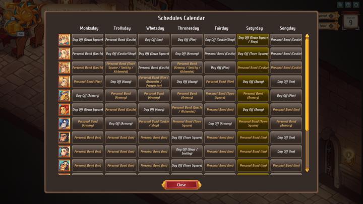The schedule in the game is crammed. The calendar shows where you can meet certain characters throughout the week. - Game-time passage and available actions - Gameplay Basics - Regalia: Of Man and Monarchs Game Guide