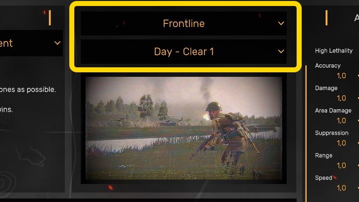 In the above window, you can choose one of the 16 available maps on which the Skirmish will take place, as well as choose the time of day and weather conditions - Regiments: Skirmish - Basics - Regiments Guide