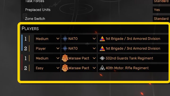 This option allows you to set the number of players who will take part in the skirmish, as well as which side of the conflict they will take - NATO or the Warsaw Pact - Regiments: Skirmish - Basics - Regiments Guide