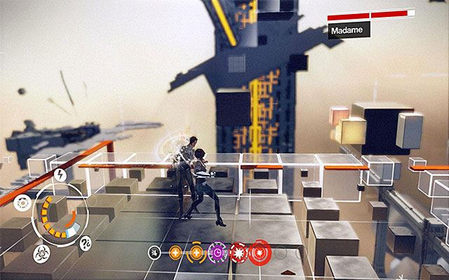 Each time Madame lands on the arena, run up to her and start delivering regular blows, or the Sensen Fury - Boss battle: Madame - Episode 4 - Remember Me - Game Guide and Walkthrough