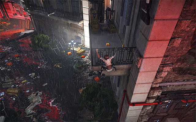 Examine the nearby interactive screen and climb onto the higher portion of the roof to explore the district that has been flooded after the destruction of the dam - Get through the flooded district - Episode 5 - Remember Me - Game Guide and Walkthrough