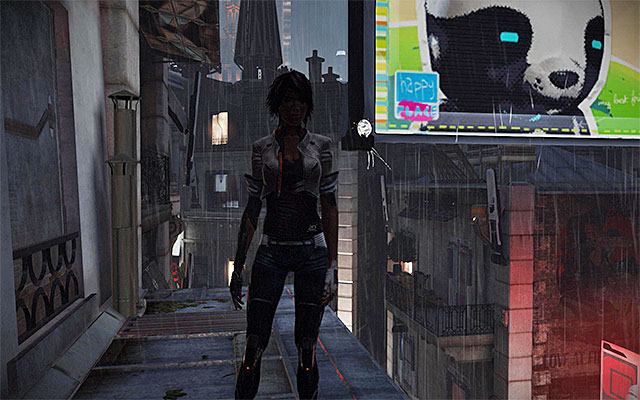 Keep shimmying to the right and stop only when you see a small fragment of a rooftop below Nilin, which you need to drop down to - Get through the flooded district - Episode 5 - Remember Me - Game Guide and Walkthrough