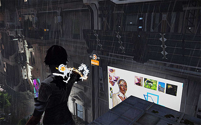 Walk over to the other end of the roof and enter the aiming mode to aim at the Solar Panel - Get through the flooded district - Episode 5 - Remember Me - Game Guide and Walkthrough