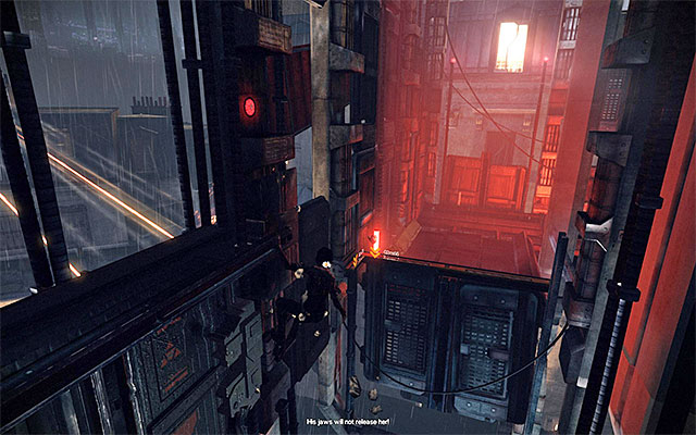 Stay here and leap towards the interactive ledge next to the wall fragment that you have just lowered - Escape from Captain Trace's fighter jet - Episode 5 - Remember Me - Game Guide and Walkthrough