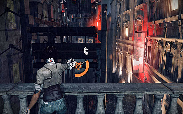 After you land on the balcony, turn around and eliminate the Scaramech shown in the above picture - Escape from Captain Trace's fighter jet - Episode 5 - Remember Me - Game Guide and Walkthrough