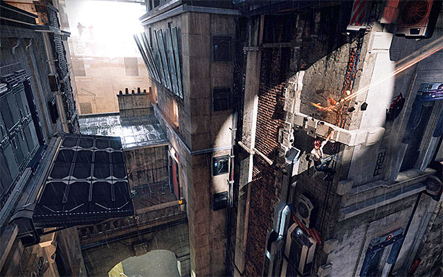 After you get past the building's corner, lean back and jump - Escape from Captain Trace's fighter jet - Episode 5 - Remember Me - Game Guide and Walkthrough