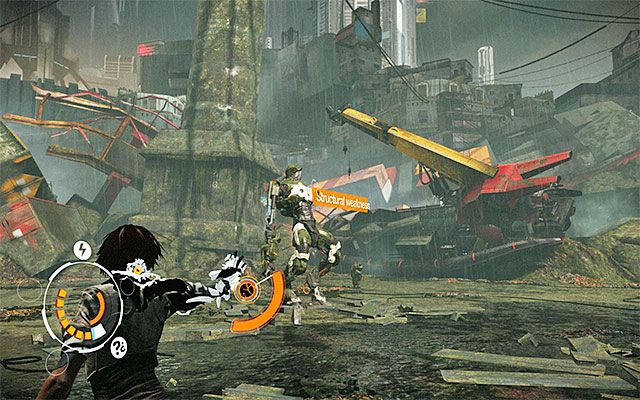 Notice that Zorn becomes weaker after the discharges of energy (Structural Weakness - the above screenshot) - Boss battle: AV-78 Zorn - Episode 3 - Remember Me - Game Guide and Walkthrough