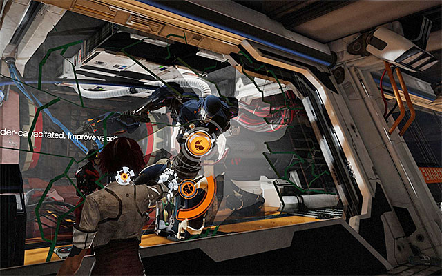 Approach the smashed glass wall with the damaged robot AV-78 Zorn shown in the above screenshot - Hunt down doctor Quaid - Episode 6 - Remember Me - Game Guide and Walkthrough