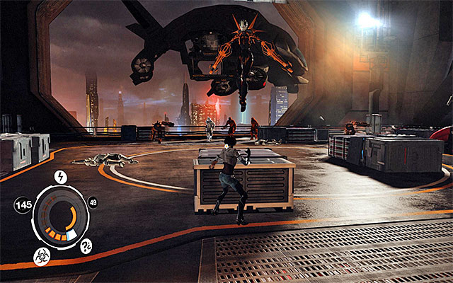 Don't you count on it that dealing with the first group of enemies will do, because the enemy aircraft will carry over here further enemies - The cargo elevator - Episode 7 - Remember Me - Game Guide and Walkthrough