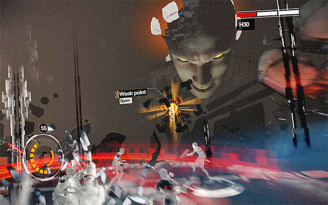 After you destroy the second cube, a Weak Point will appear next to the boss - Boss battle: H3O - phase three - Episode 8 - Remember Me - Game Guide and Walkthrough