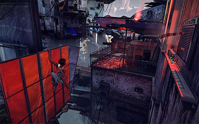 After you are done with the fight, you can turn to locating the interactive ledge and, after you grab onto it press the jump key/button you get over to the other side - Reach the vicinity of Tommy's bar (part 1) - Episode 1 - Remember Me - Game Guide and Walkthrough