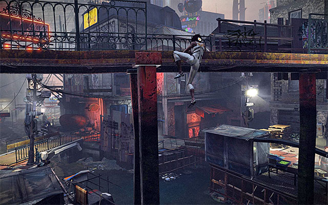 Wait for the passage ahead of you to unlock and jump towards the ledge underneath one of the billboards - Reach the vicinity of Tommy's bar (part 2) - Episode 1 - Remember Me - Game Guide and Walkthrough