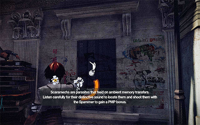 Approach the wall opposite the gate that you have just opened, where you will notice the first one of the Scaramechs - Get through the first part of the Slums - Episode 3 - Remember Me - Game Guide and Walkthrough