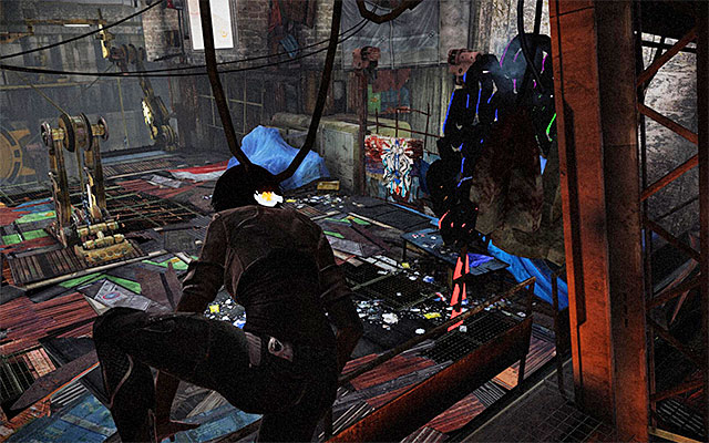 Return downstairs and aim at the drone control button, which will result in a passage being unblocked - Reach Tommys bar - Episode 3 - Remember Me - Game Guide and Walkthrough