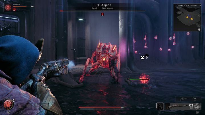 In the arena, up to several flying eyes may appear, which will shoot lasers often - Remnant 2: How to beat E.D. Alpha? - Nerud - Remnant 2 Guide