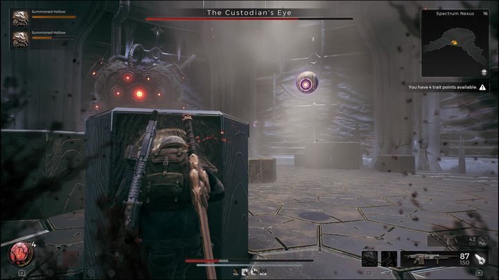 If the hexagonal tiles start rising up, this means the boss is about to sweep a horizontal red laser, twice - Remnant 2: How to beat The Custodians Eye? - Nerud - Remnant 2 Guide