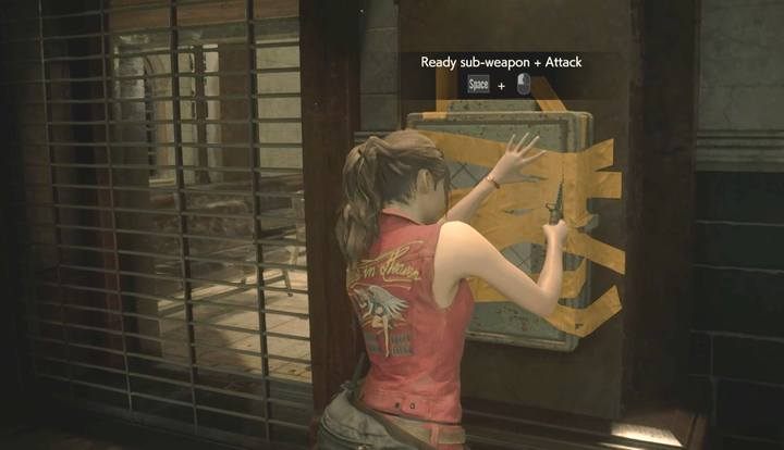 Use the knife, the same one you got from Marvin in the main hall, to cut the tape on the second switch (this gate is on the right) - Get the blue key (spades) task | Police station in Resident Evil 2 - Walkthrough - Resident Evil 2 Guide