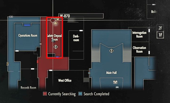 You must now reach the Safety Deposit Room, which is also located on floor 1F of the police station - How to get a shotgun (Leon) in Resident Evil 2? - FAQ - Resident Evil 2 Guide