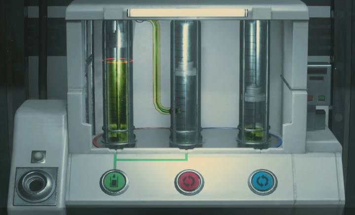 In the laboratory you will find a special device in the left corner - put the collected Dispersal Cartridge inside - How to get the third level clearance (Greenhouse) in Resident Evil 2? - Secrets and useful items - Resident Evil 2 Guide