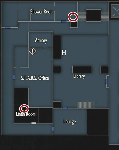 One of the buttons can be found at the Shower Room (2F) - Where are the inventory upgrades in Resident Evil 2? - FAQ - Resident Evil 2 Guide