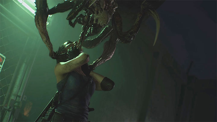 Just after opening the gate, Jill is attacked by the first spider in a surprise attack and unfortunately, this cannot be prevented - Resident Evil 3: Restoring power to substations puzzle - Puzzle Solutions - Resident Evil 3 Guide
