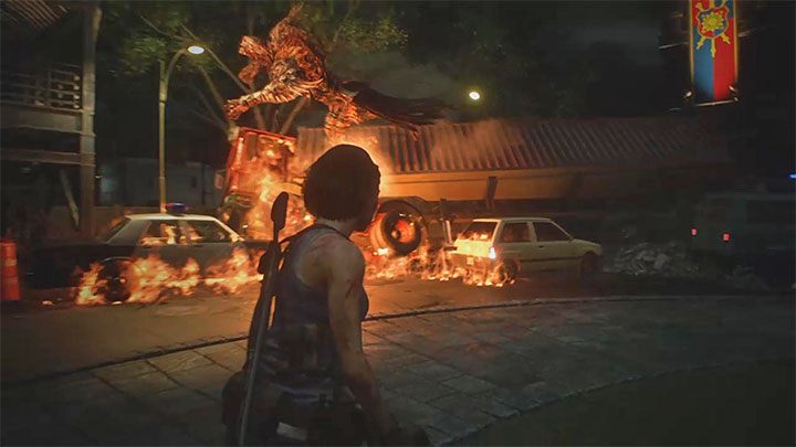 In the later phase of the fight, Nemesis will be running on the roofs of nearby buildings for some time - Resident Evil 3: Nemesis - Clock Tower Plaza boss fight - Nemesis boss fights - Resident Evil 3 Guide