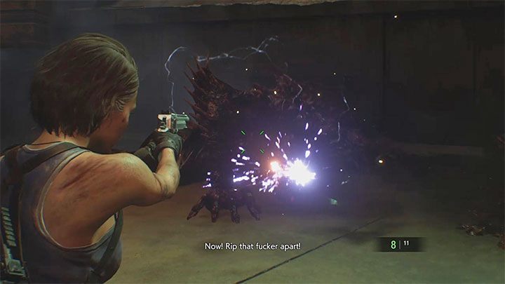 If you manage to electrocute the boss, Nemesis will fall to the ground and be vulnerable for some time - Resident Evil 3: Nemesis - NEST 2 boss fight - Nemesis boss fights - Resident Evil 3 Guide