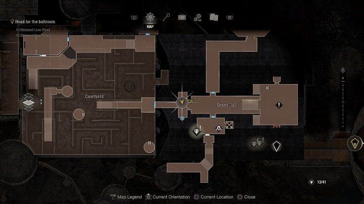 One of the medallions is located in the western part of the Great Hall location - Resident Evil 4 Remake: Destroy the Blue Medallions 4 - Blue Medallions - Resident Evil 4 Remake Guide