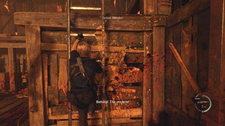 It is best to use one of the ladders and reach the upper level as soon as the battle begins - Resident Evil 4 Remake: How to defeat boss Mendez? - Bosses - Resident Evil 4 Remake Guide