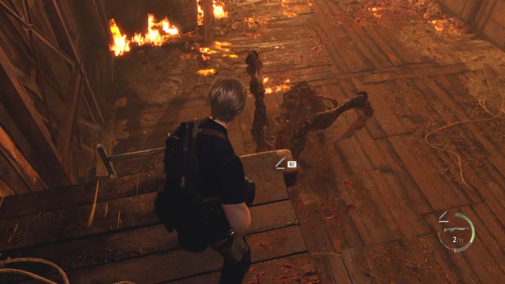 Weakening Mendez's eye will make the boss fall to the ground, and you don't have to come down from the top - Resident Evil 4 Remake: How to defeat boss Mendez? - Bosses - Resident Evil 4 Remake Guide