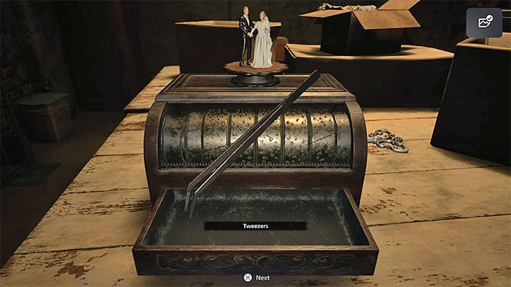 The reward for having the music box play the entire melody are Tweezers - Resident Evil Village: House Beneviento, Storage Room - Puzzle solutions - Resident Evil Village Guide