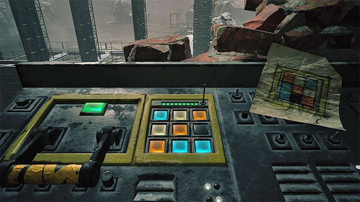 The hint to solve the puzzle is a note to the right of the control panel, with the note rotated 90 degrees to the right - Resident Evil Village: Sluice Gate Controls puzzle - Puzzle solutions - Resident Evil Village Guide